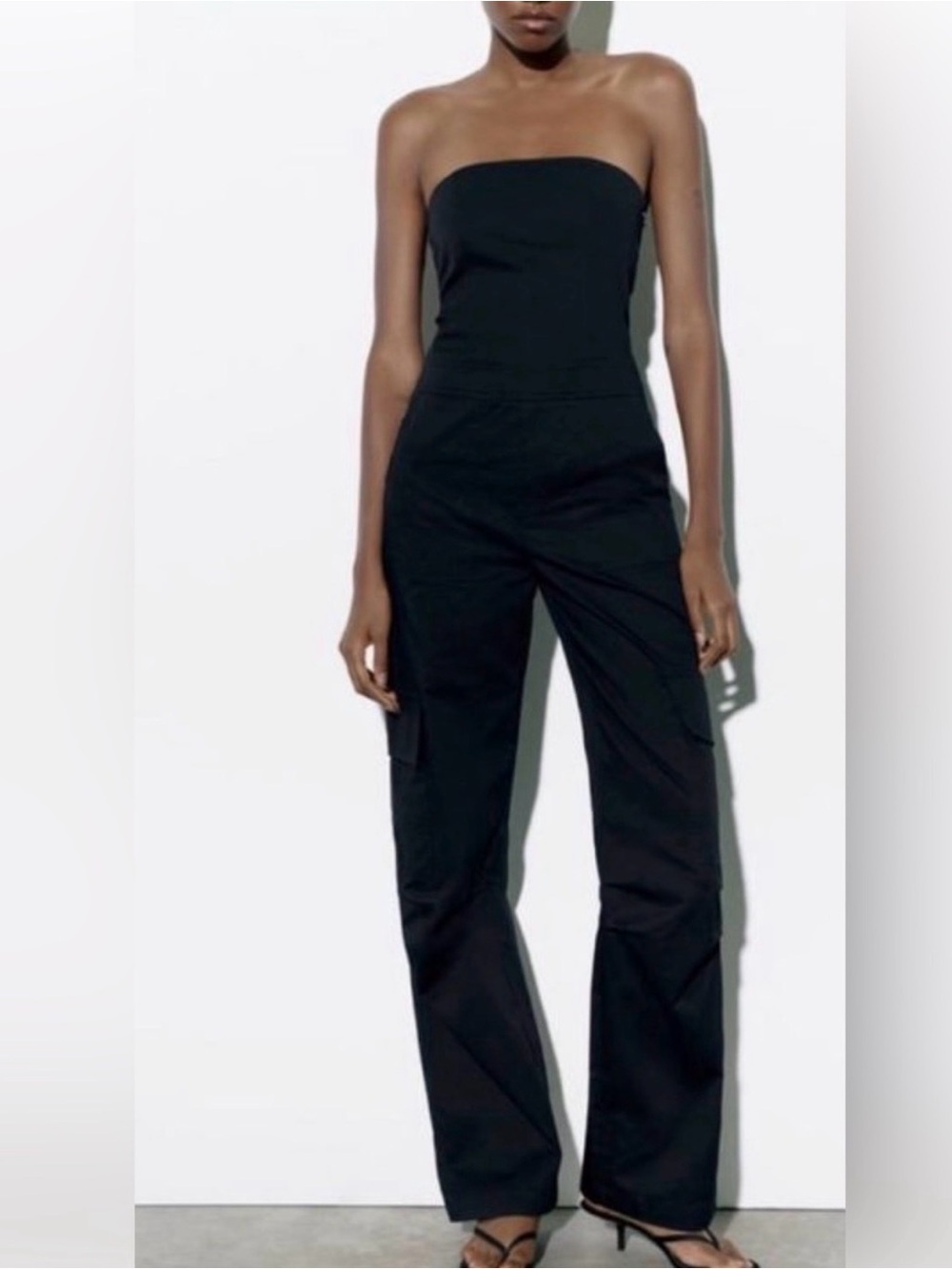 Zara Strapless Black Cargo Jumpsuit